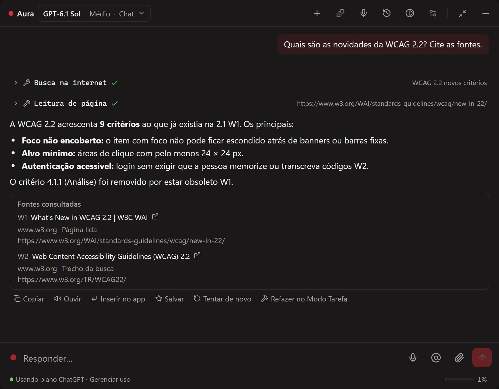 Resposta sobre a WCAG 2.2 com fontes do W3C clicáveis.