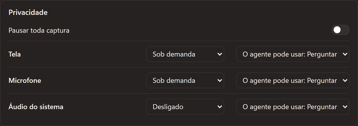 Controles de tela, microfone e áudio do sistema, com o agente precisando perguntar.