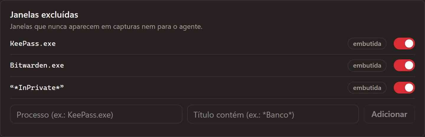 Lista de janelas excluídas das capturas, como KeePass e Bitwarden.