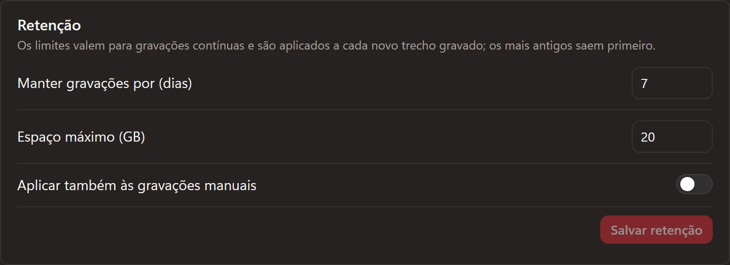 Configuração de retenção das gravações.
