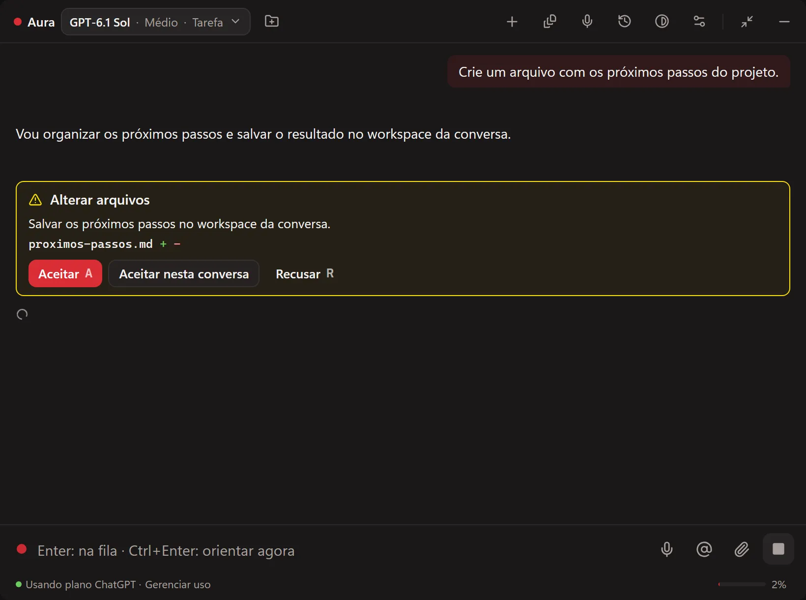 Modo Tarefa pedindo aprovação para criar um arquivo.