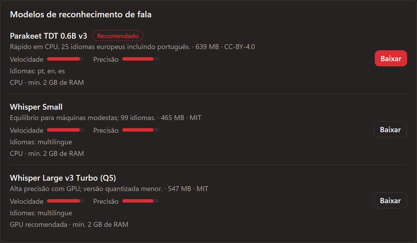Configurações de voz com o modelo de transcrição local.